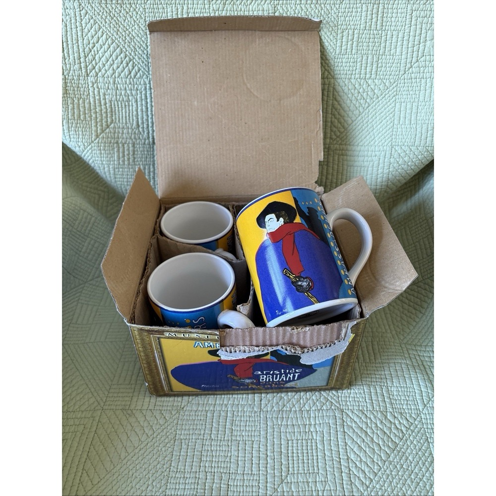 Vtg Toulouse Lautrec Aristide Bruant Set 4 Ceramic Mugs 12oz Boxed International